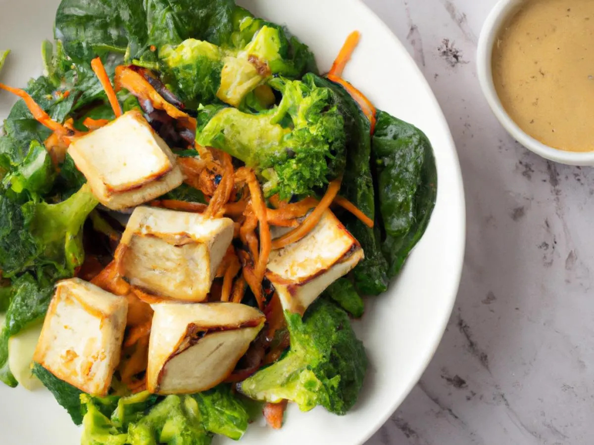Grilled Teriyaki Tofu Salad Broccoli, Carrots, Fried Wontons and Asian Ginger Dressing (No Nuts)
