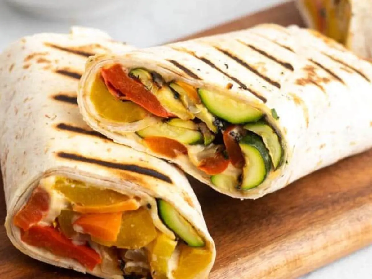 Warm Grilled Vegetable and Hummus Wrap with Cucumber Salad Warm Grilled Vegetable and Hummus Wrap with Cucumber Salad