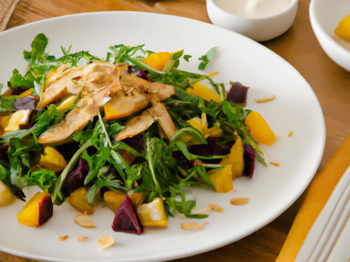 Arugula with Golden Beets & Almonds with Sherry Citrus Vinaigrette with Chicken Shawarma Arugula with Golden Beets & Almonds with Sherry Citrus Vinaigrette with Chicken Shawarma