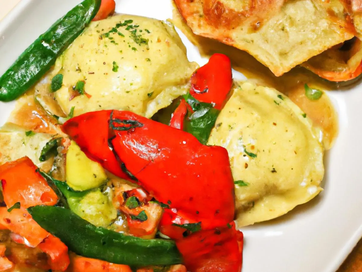 Lobster Ravioli with Lemon Brown Butter Sauce, Roasted Vegetables & Garlic Bread