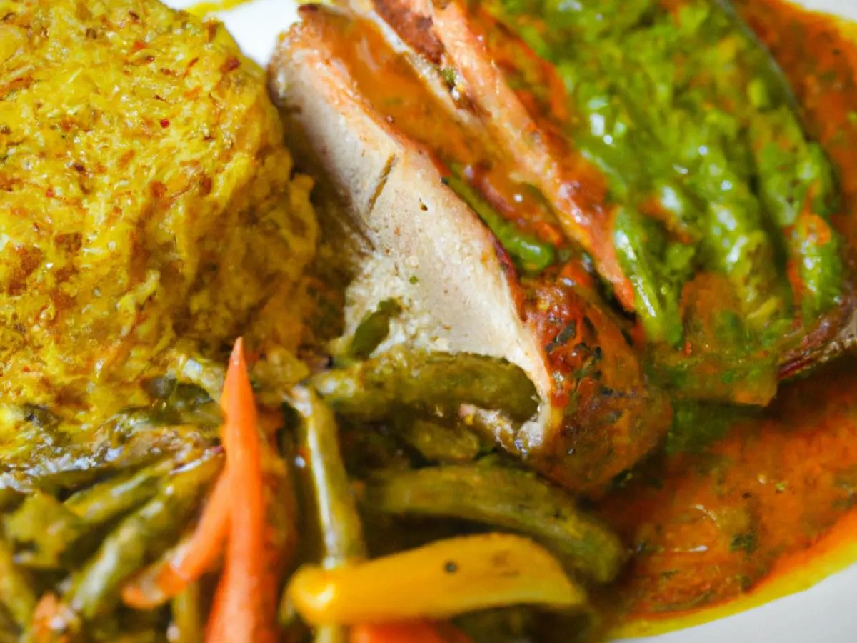 Slow Cooked Pork & Avocado Salsa Verde with Golden Rice & Roasted Vegetables