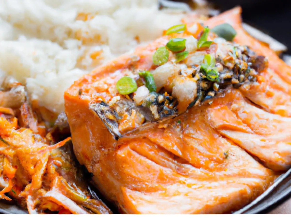 Korean Marinated Salmon with White Rice & Kimchi Korean Marinated Salmon with White Rice & Kimchi