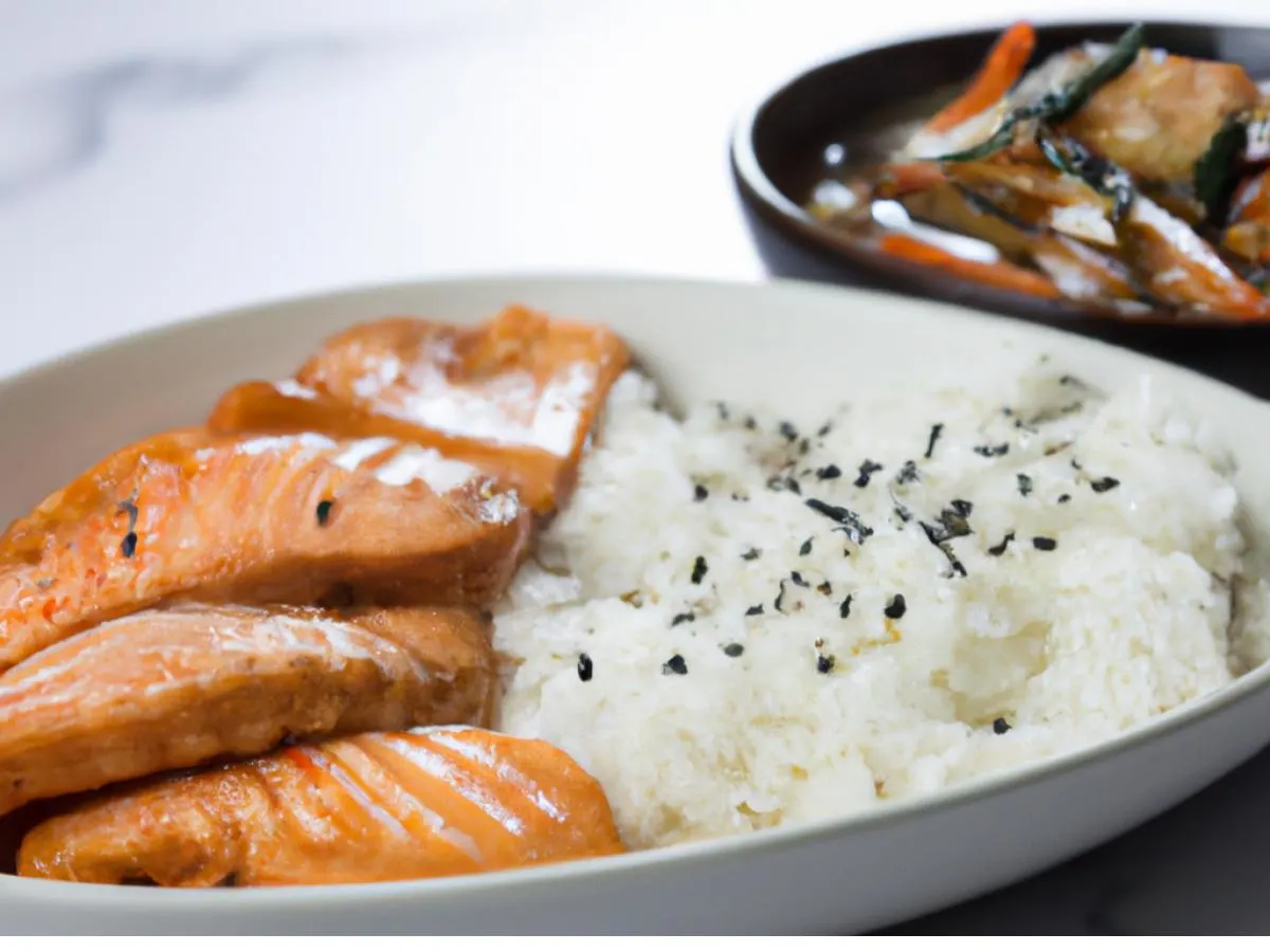 Korean Marinated Salmon with White Rice & Fried Veggie Dumplings Korean Marinated Salmon with White Rice & Fried Veggie Dumplings