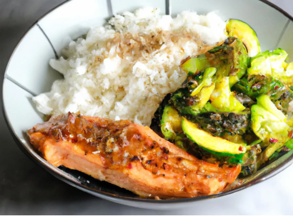 Korean Marinated Salmon with White Rice & Sauteed Zucchini Broccoli Korean Marinated Salmon with White Rice & Sauteed Zucchini Broccoli