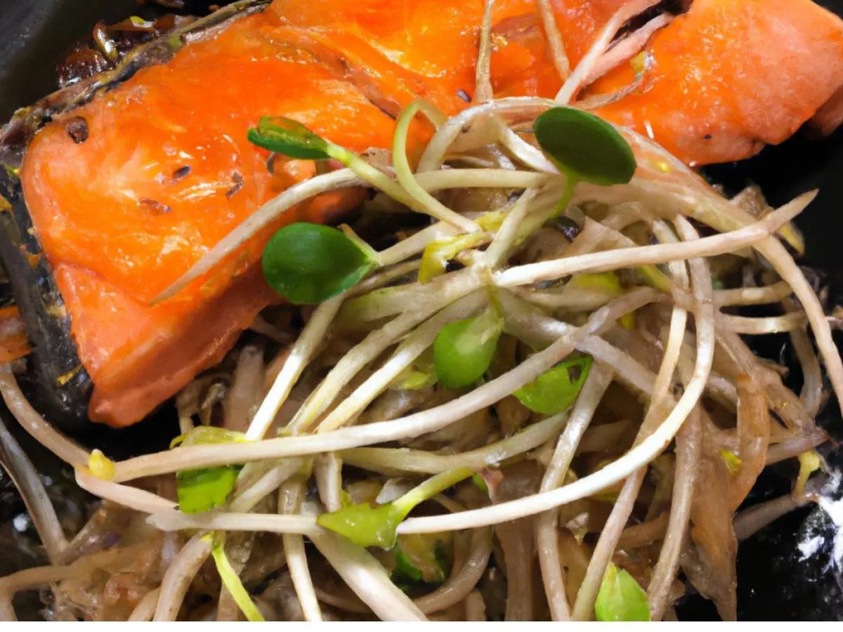 Korean Marinated Salmon with Japchae & Sauteed Bean Sprouts Korean Marinated Salmon with Japchae & Sauteed Bean Sprouts