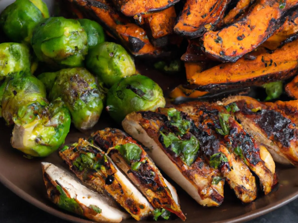 Grilled Chimichurri Chicken with Sweet Potato Fries, Roasted Brussel Sprouts, and Rocoto Salsa Grilled Chimichurri Chicken with Sweet Potato Fries, Roasted Brussel Sprouts, and Rocoto Salsa