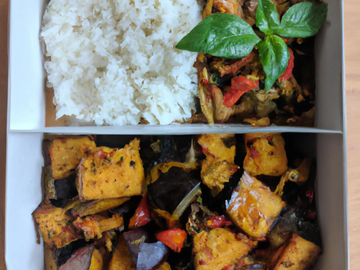 Spicy Eggplant and Fried Tofu with Fresh Basil Rice Box Spicy Eggplant and Fried Tofu with Fresh Basil Rice Box