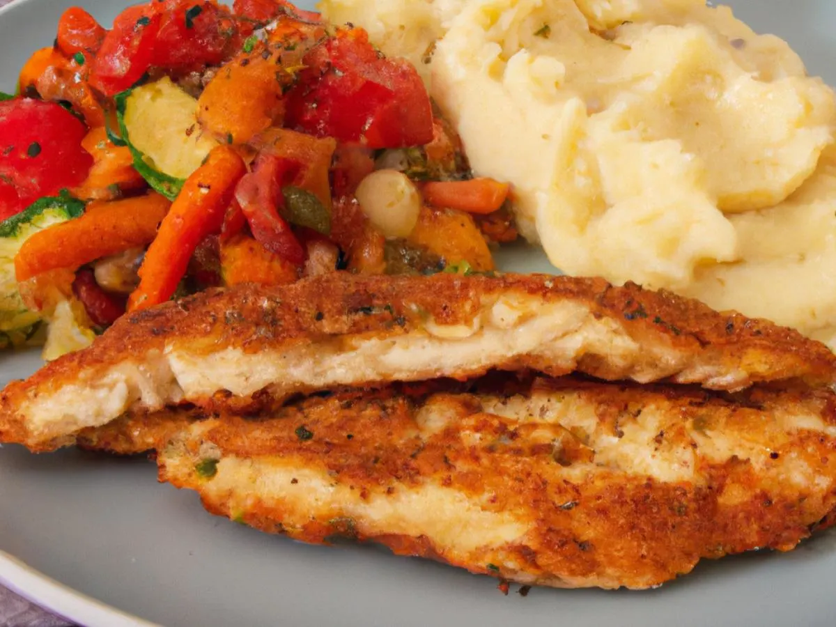 Gluten-Free Chicken Schnitzel with Dairy-Free Mashed Potato and Roasted Vegetables Gluten-Free Chicken Schnitzel with Dairy-Free Mashed Potato and Roasted Vegetables