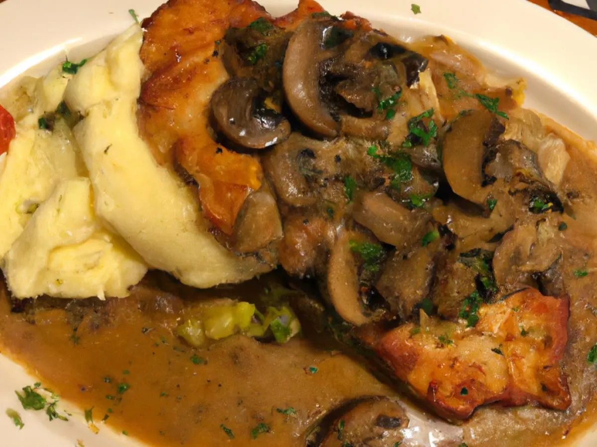 Pork Schnitzel and Mushroom Sauce with Mashed Potato and Roasted Vegetables Pork Schnitzel and Mushroom Sauce with Mashed Potato and Roasted Vegetables
