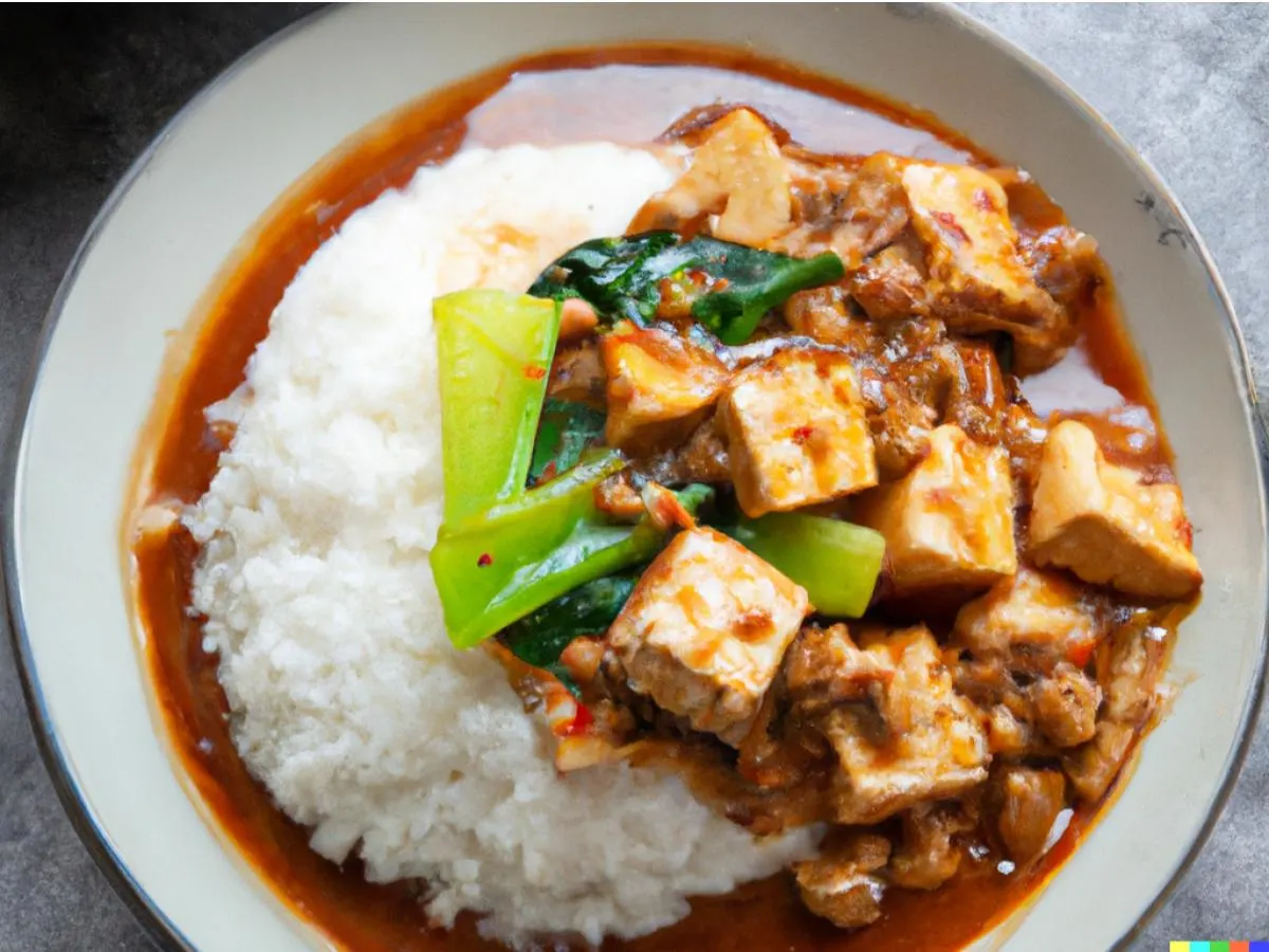 Mapo tofu and braised pork with jasmine rice and steamed bok choy Mapo tofu and braised pork with jasmine rice and steamed bok choy