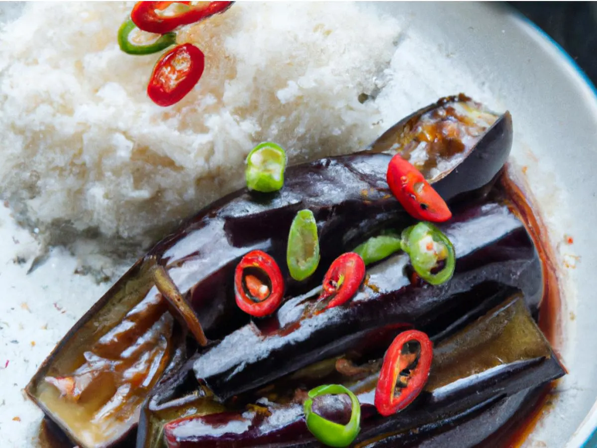 Spicy Eggplant with steamed rice and bok choy Spicy Eggplant with steamed rice and bok choy
