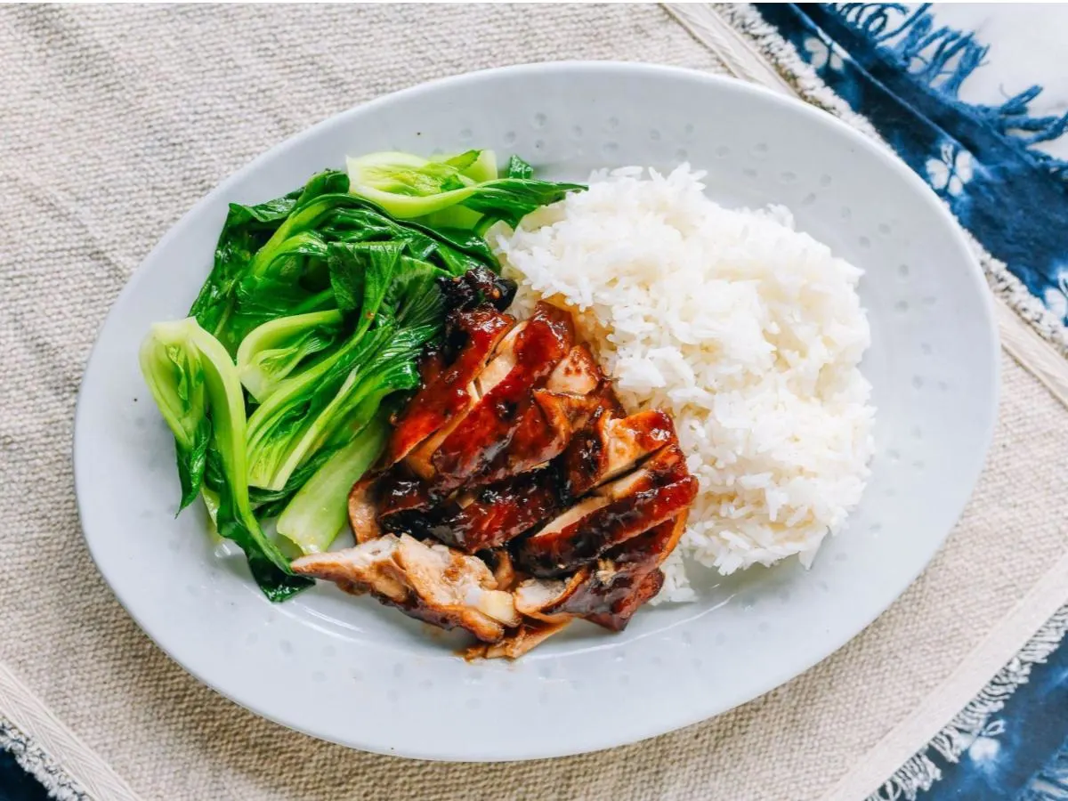 "Char Siu" pork shoulder with steamed rice and bok choy "Char Siu" pork shoulder with steamed rice and bok choy