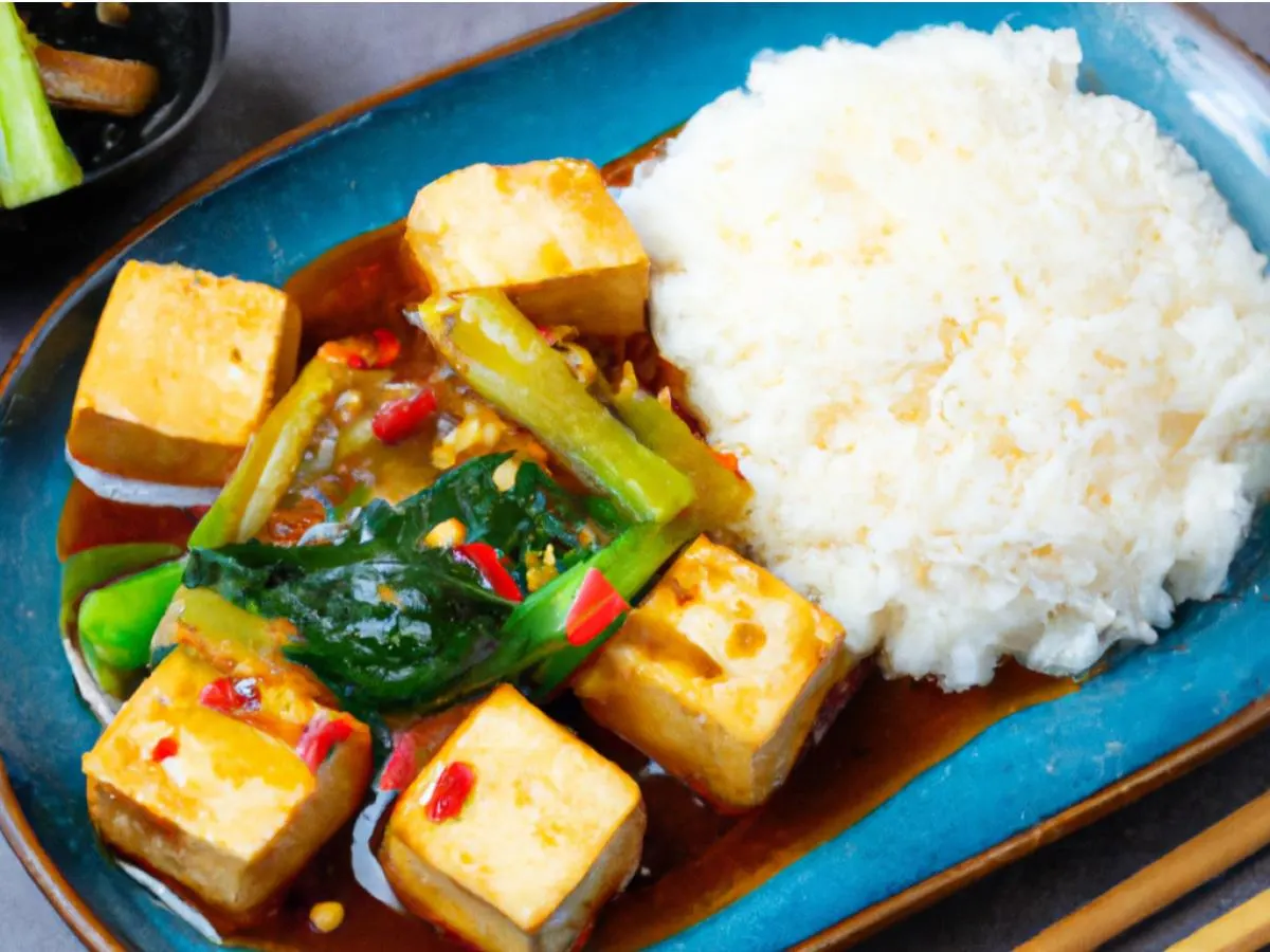 Kung pow tofu with steamed rice and bok choy Kung pow tofu with steamed rice and bok choy