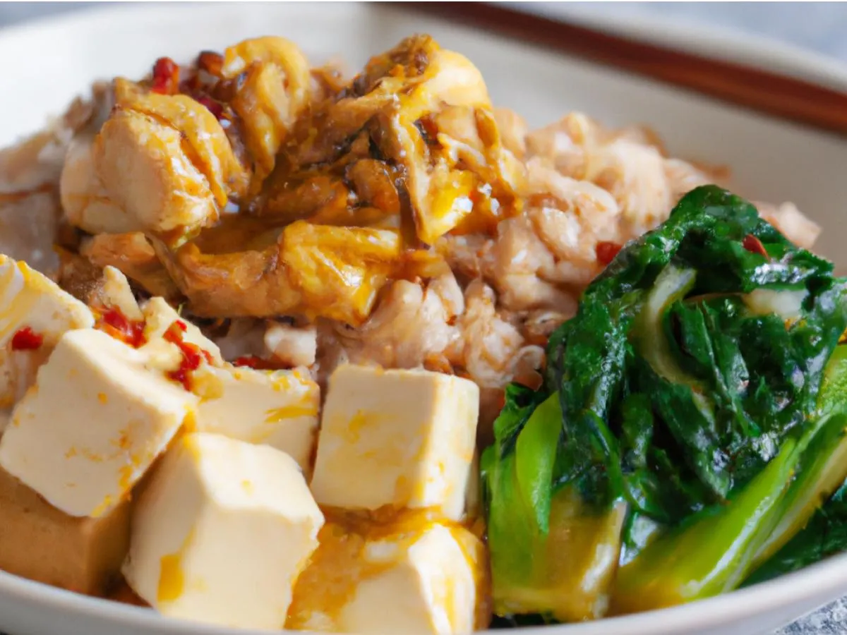 Kung Pow Chicken, Mapo Tofu, brown rice and steamed bok choy Kung Pow Chicken, Mapo Tofu, brown rice and steamed bok choy