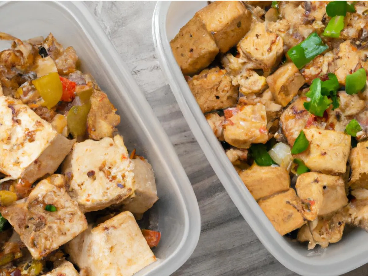 Plant Based chicken and Kung Pow Tofu with carrots and corn Plant Based chicken and Kung Pow Tofu with carrots and corn