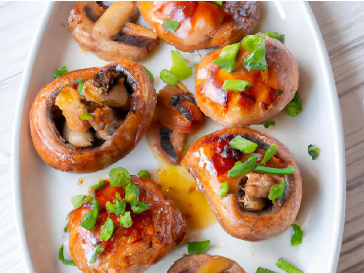 Spicy chicken stuffed mushrooms with teriyaki glaze Spicy chicken stuffed mushrooms with teriyaki glaze