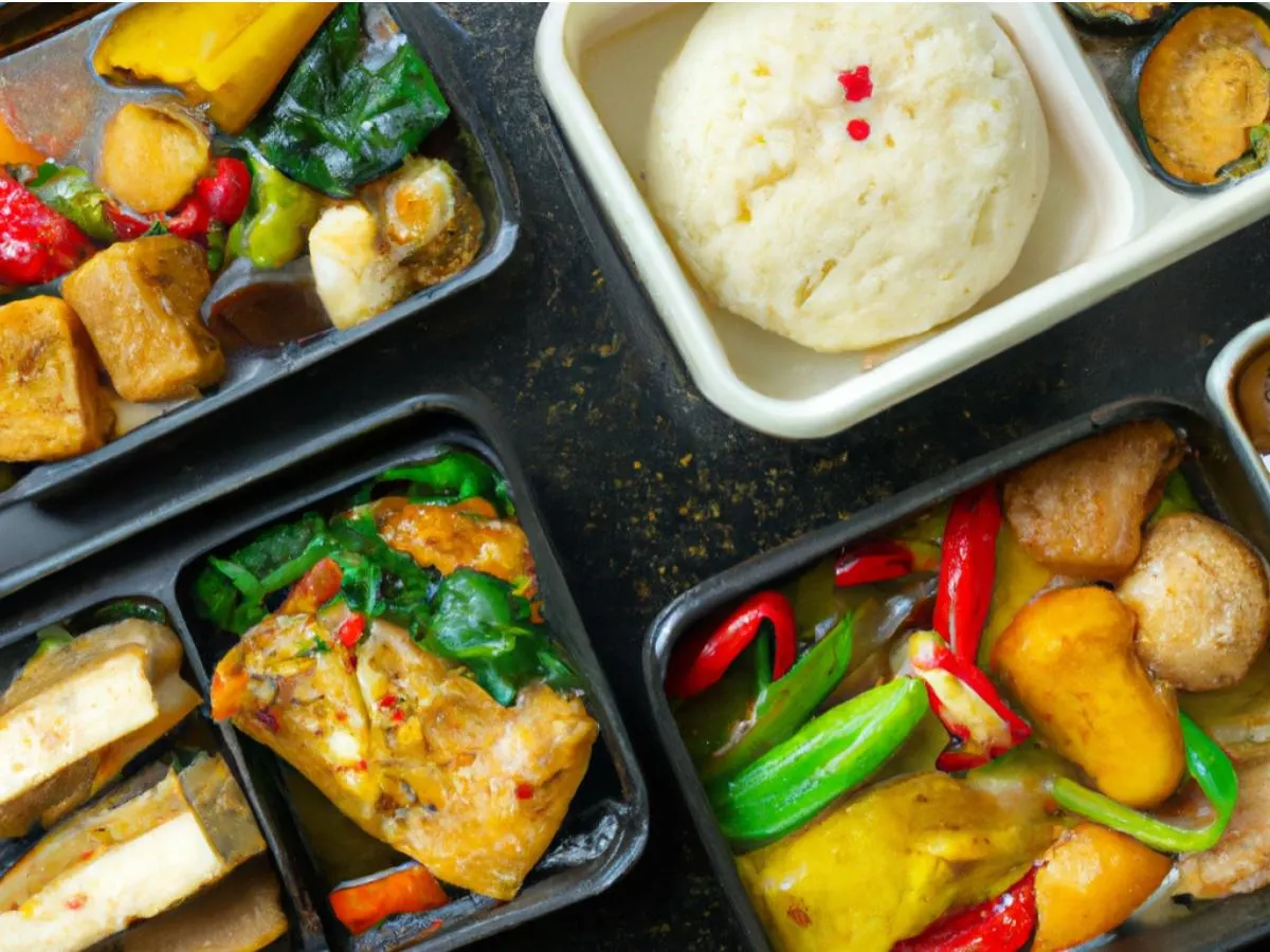 Smoked Tofu w/ Bell Pepper & Pine Nut Fried Mock Fish, Sweet & Sour Sauce Bento 