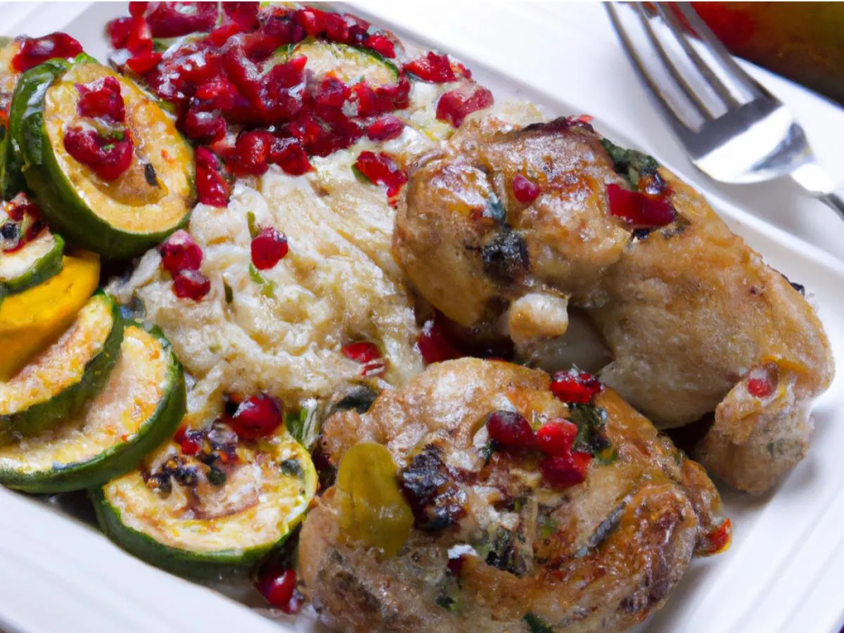 Pomegranate Chicken with Garlic Orzo and Sauteed Vegetables Pomegranate Chicken with Garlic Orzo and Sauteed Vegetables
