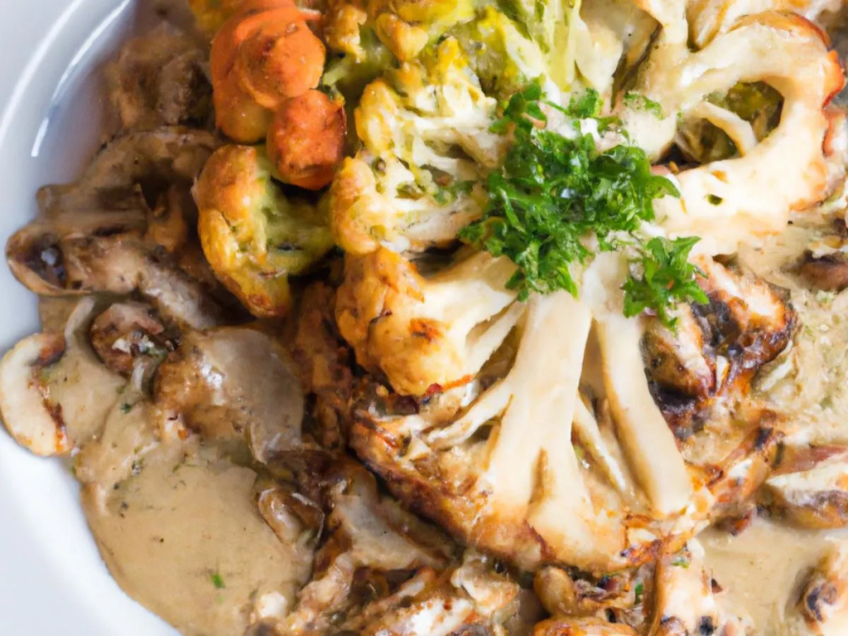 Vegetarian Cauliflower Steak and Mushroom Sauce with Spaetzel and Roasted Vegetables Vegetarian Cauliflower Steak and Mushroom Sauce with Spaetzel and Roasted Vegetables
