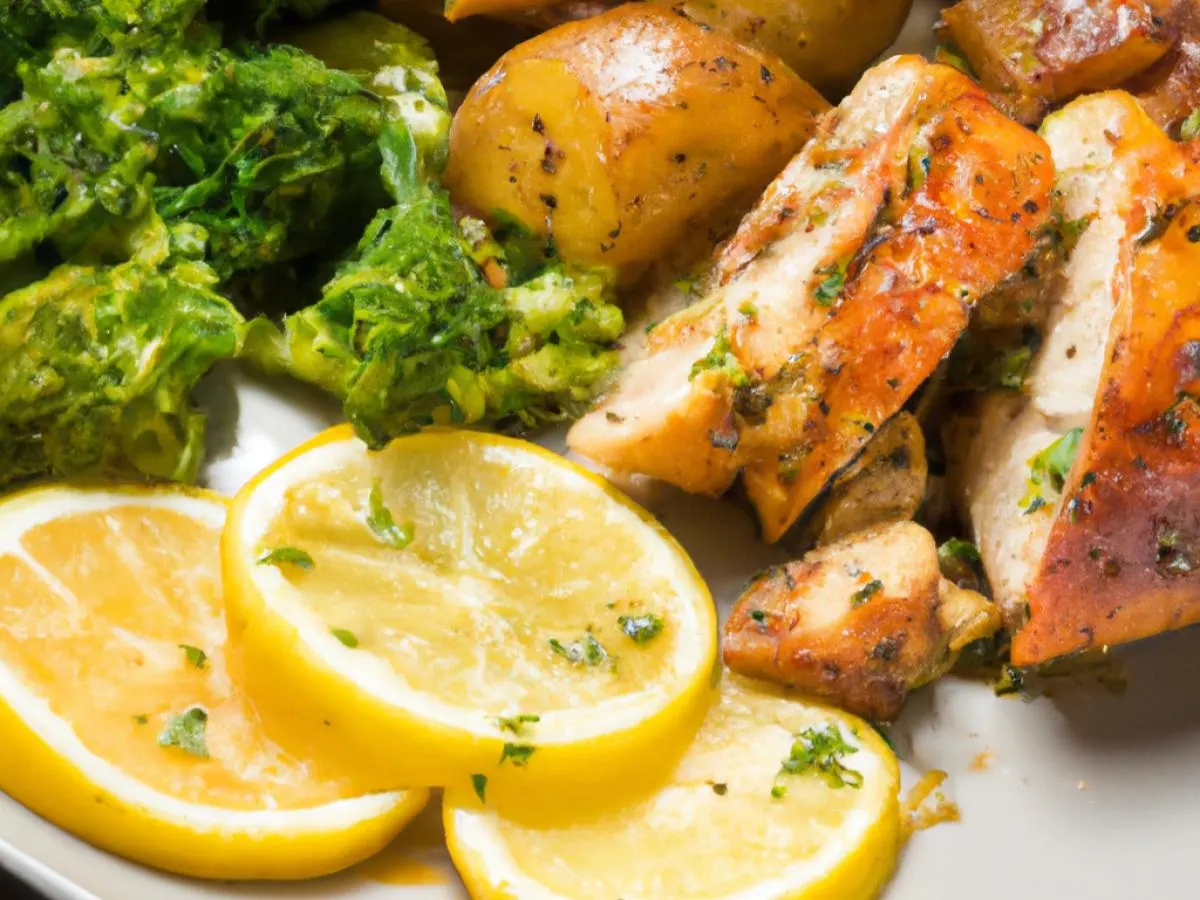 Roasted Lemon Herb Chicken with Roasted Potatoes and Garlicky Green Beans with a Citrus Vinaigrette. Roasted Lemon Herb Chicken with Roasted Potatoes and Garlicky Green Beans with a Citrus Vinaigrette.