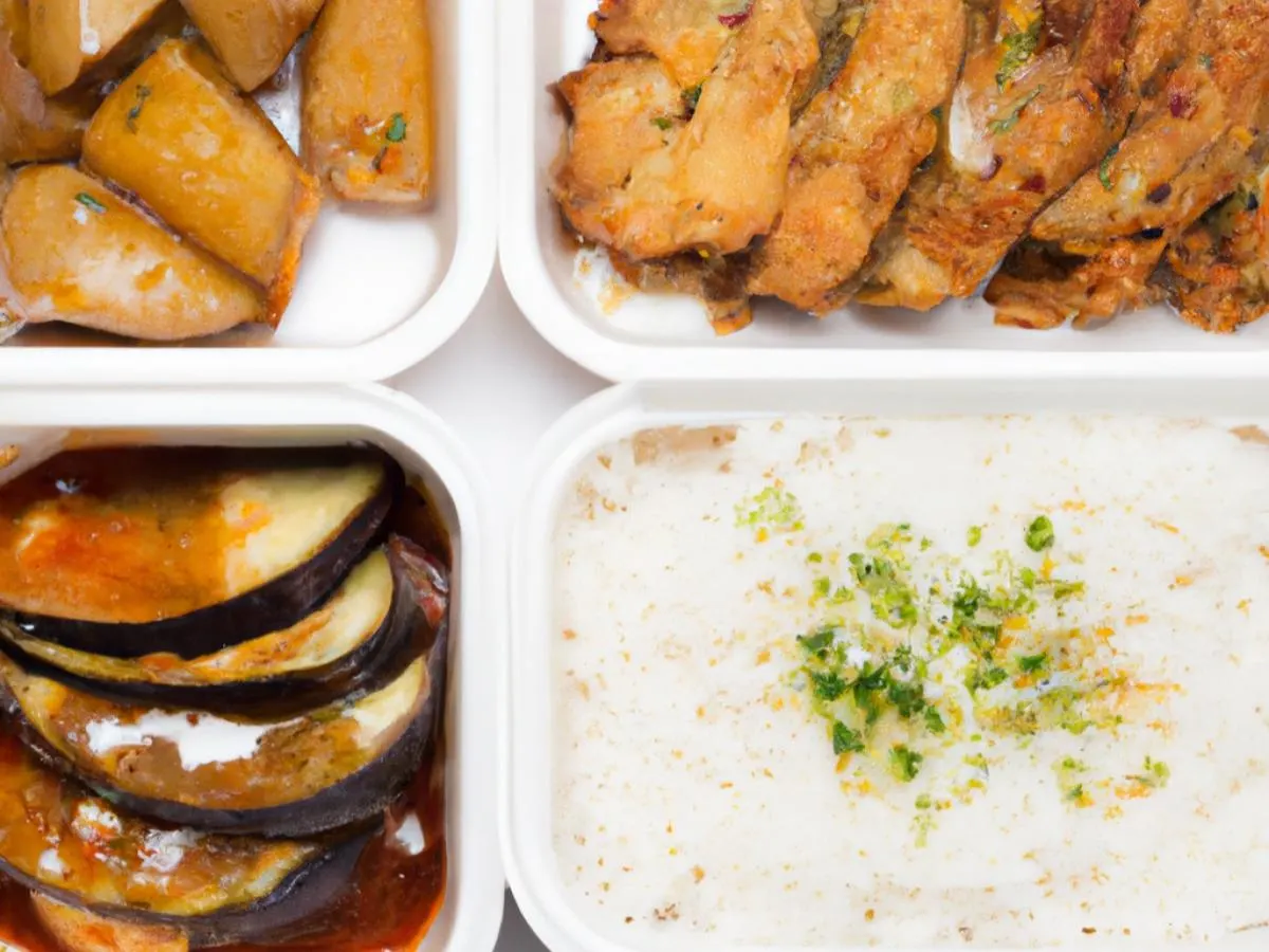 Fried Mock Chicken Cutlet|Eggplant w/ Spicy Garlic Sauce|Shredded Potato|Greens