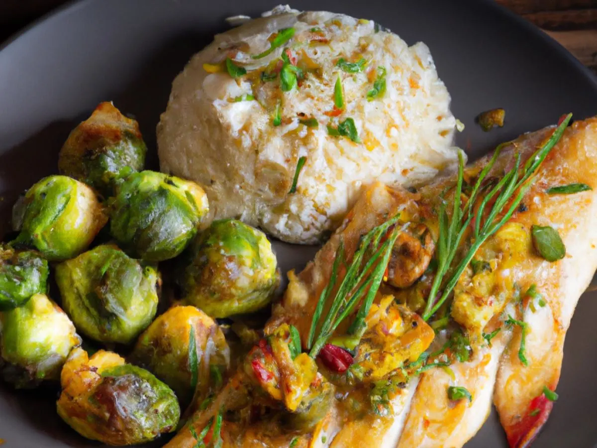 Dill Flounder Served with Rosemary Jasmine Rice & Chili Crisp Brussels Sprouts Dill Flounder Served with Rosemary Jasmine Rice & Chili Crisp Brussels Sprouts