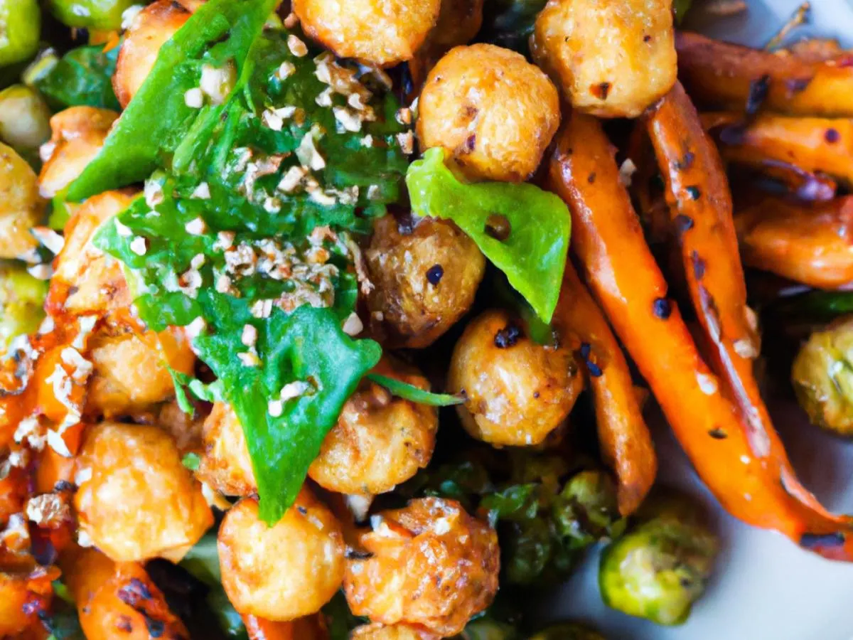 Sesame Scallion Chickpeas Served with Roasted Sweet Potato & Chili Crisp Brussels Sprouts Sesame Scallion Chickpeas Served with Roasted Sweet Potato & Chili Crisp Brussels Sprouts