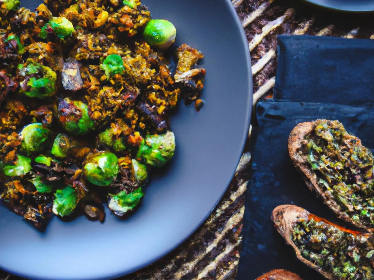 Vegan Duxelles Served with Roasted Sweet Potato & Chili Crisp Brussels Sprouts Vegan Duxelles Served with Roasted Sweet Potato & Chili Crisp Brussels Sprouts