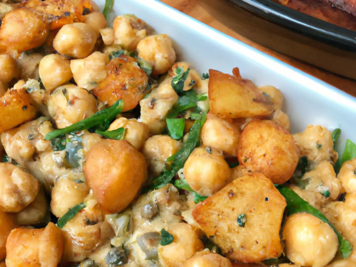 Sesame Scallion Chickpeas Served with Crushed Cajun Potato & Sweet Plantain Casserole Sesame Scallion Chickpeas Served with Crushed Cajun Potato & Sweet Plantain Casserole