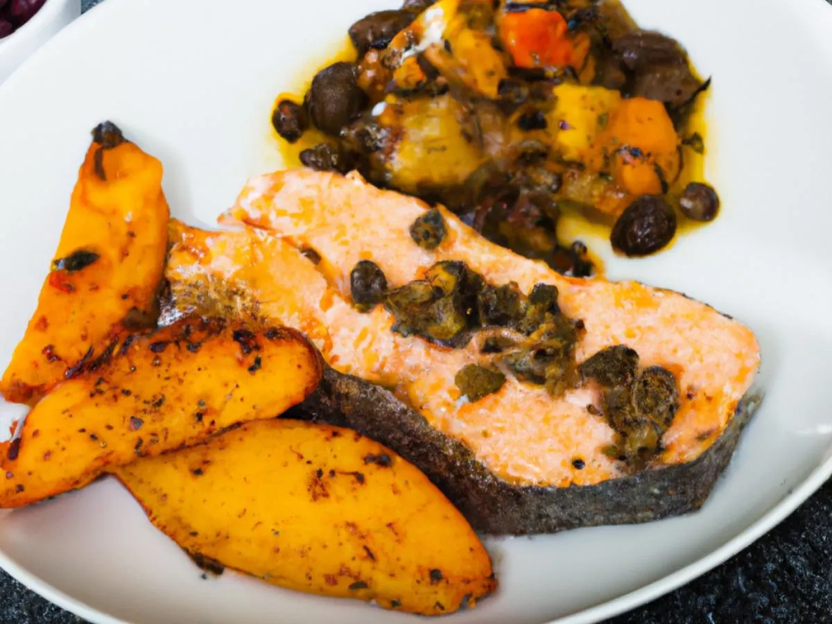 Roasted Salmon Served with Capers Served with Roasted Sweet Potato & Sweet Plantain Casserole Roasted Salmon Served with Capers Served with Roasted Sweet Potato & Sweet Plantain Casserole