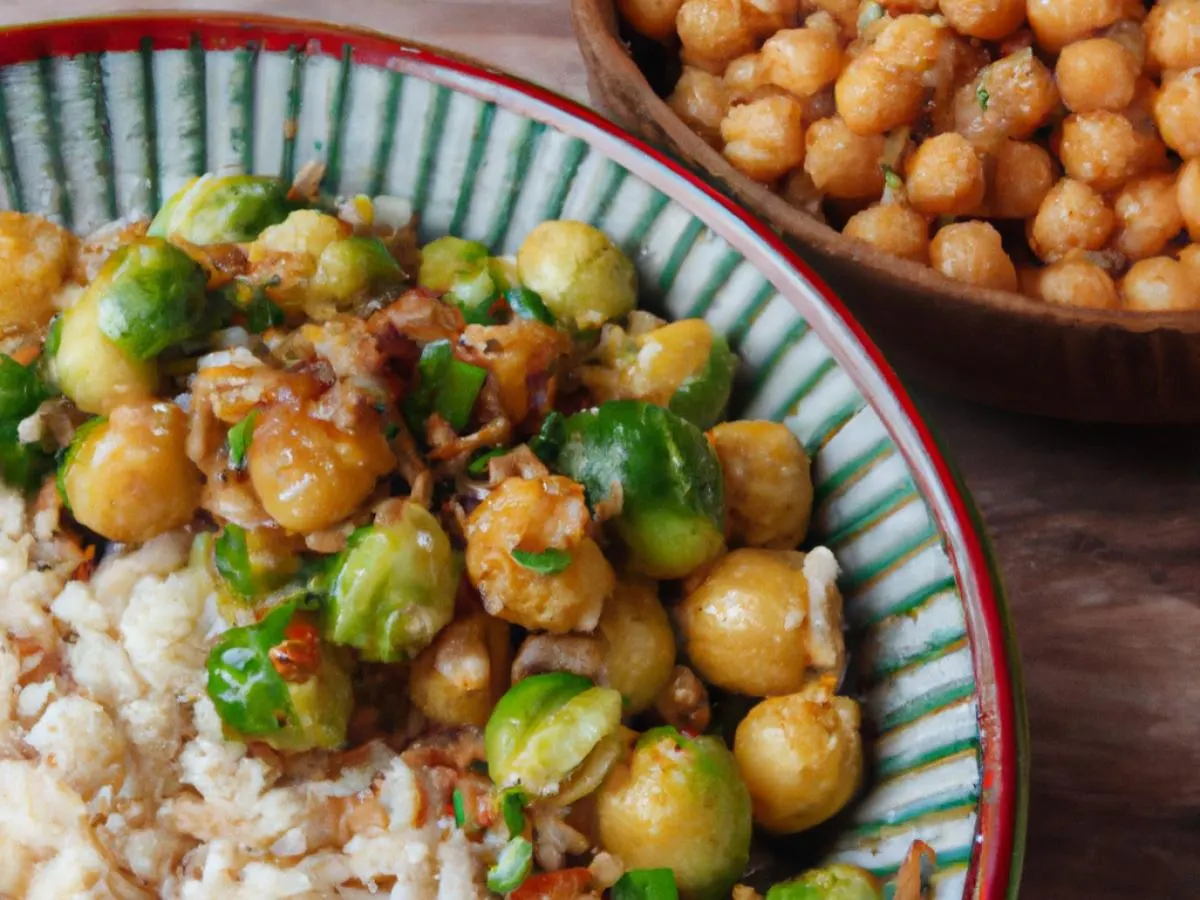 Sesame Scallion Chickpeas Served with Rosemary Jasmine Rice & Chili Crisp Brussels Sprouts Sesame Scallion Chickpeas Served with Rosemary Jasmine Rice & Chili Crisp Brussels Sprouts