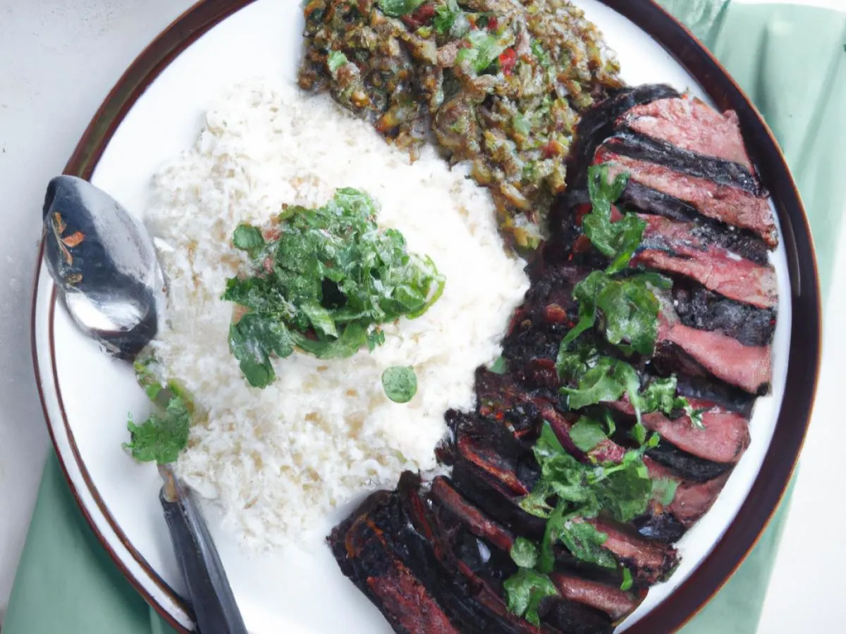 Grilled Flank Steak with Chimichurri Sauce, Spanish Rice, and Refried Beans Grilled Flank Steak with Chimichurri Sauce, Spanish Rice, and Refried Beans