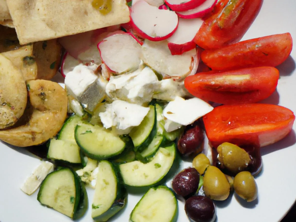 Mediterranean Spread of Feta, Olives, Radish, Cucumber, Tomato Plate, with Pita Mediterranean Spread of Feta, Olives, Radish, Cucumber, Tomato Plate, with Pita