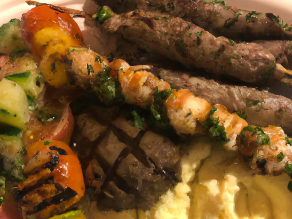 Lamb Loin Kebabs & Grilled Prawns with Mashed Potatoes and Roasted Veggies Lamb Loin Kebabs & Grilled Prawns with Mashed Potatoes and Roasted Veggies