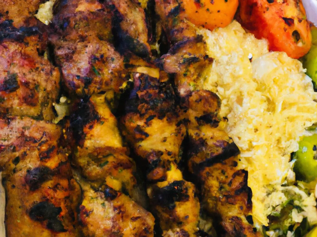 Grilled Lamb & Chicken Skewers with Seasoned Rice, Roasted Veggies Grilled Lamb & Chicken Skewers with Seasoned Rice, Roasted Veggies