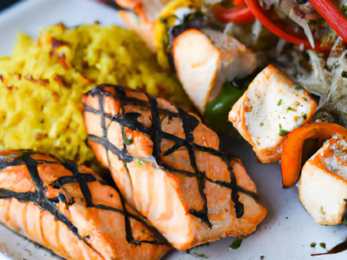 Grilled Salmon, Grilled Chicken Skewers, Seasoned Rice, Grilled Vegetables Grilled Salmon, Grilled Chicken Skewers, Seasoned Rice, Grilled Vegetables