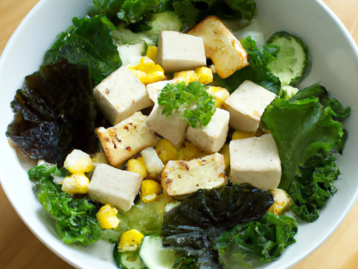 Regular Organic Tofu over Salad with Cucumber, Cabbage, Blanched Kale, Sweet Corn, Green onion, Soft Tofu, and Shredded Nori Regular Organic Tofu over Salad with Cucumber, Cabbage, Blanched Kale, Sweet Corn, Green onion, Soft Tofu, and Shredded Nori