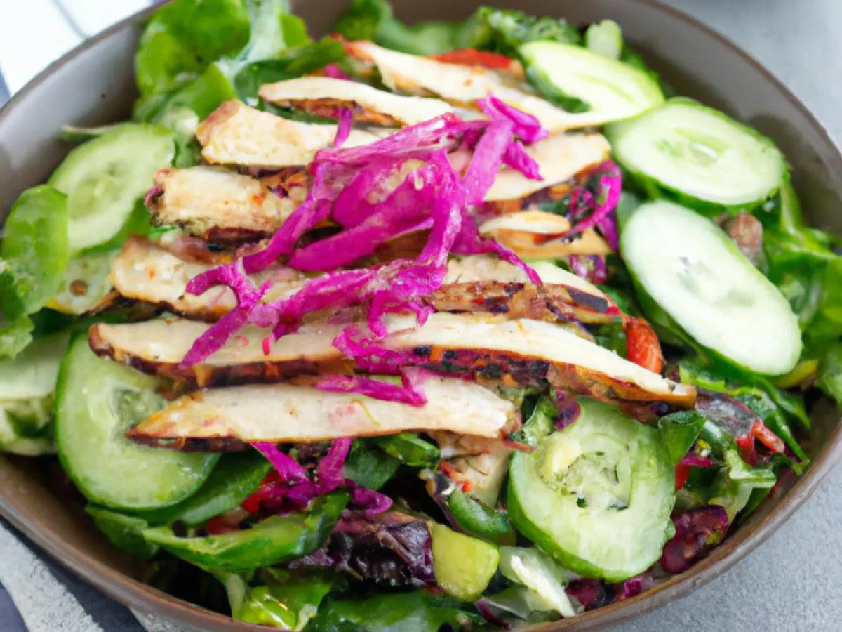 Regular Grilled Chicken over Salad with Cucumber, Sweet Onion, Cabbage, Cilantro, Pickled Ginger Regular Grilled Chicken over Salad with Cucumber, Sweet Onion, Cabbage, Cilantro, Pickled Ginger