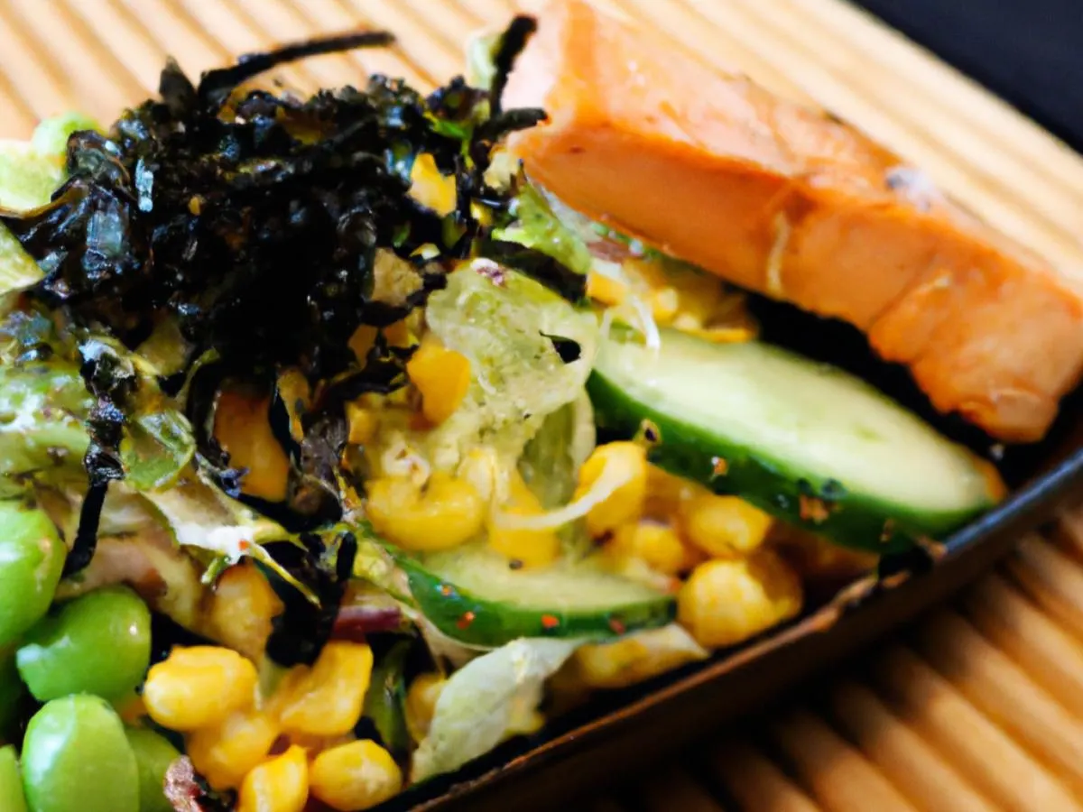 Regular Salmon over Salad with Cucumber, Cabbage, Sweet Corn, Edamame, Seaweed Salad, and Shredded Nori Regular Salmon over Salad with Cucumber, Cabbage, Sweet Corn, Edamame, Seaweed Salad, and Shredded Nori