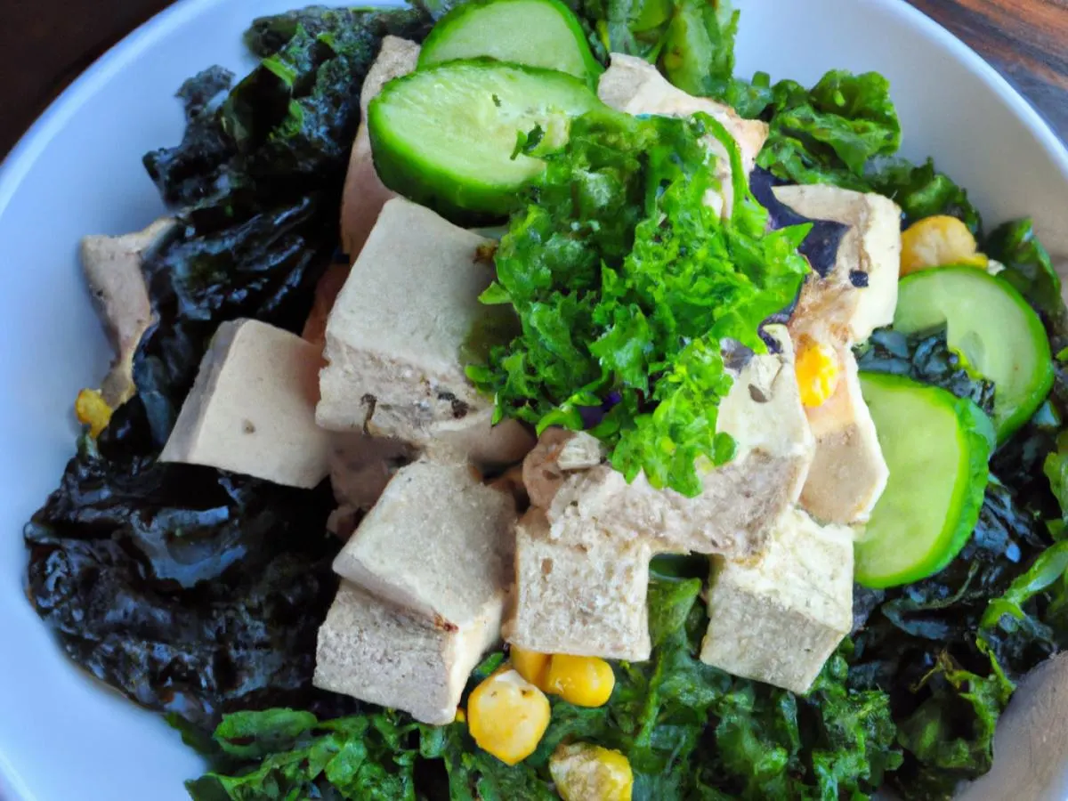 Large Organic Tofu over Salad with Cucumber, Cabbage, Blanched Kale, Sweet Corn, Green onion, Soft Tofu, and Shredded Nori Large Organic Tofu over Salad with Cucumber, Cabbage, Blanched Kale, Sweet Corn, Green onion, Soft Tofu, and Shredded Nori