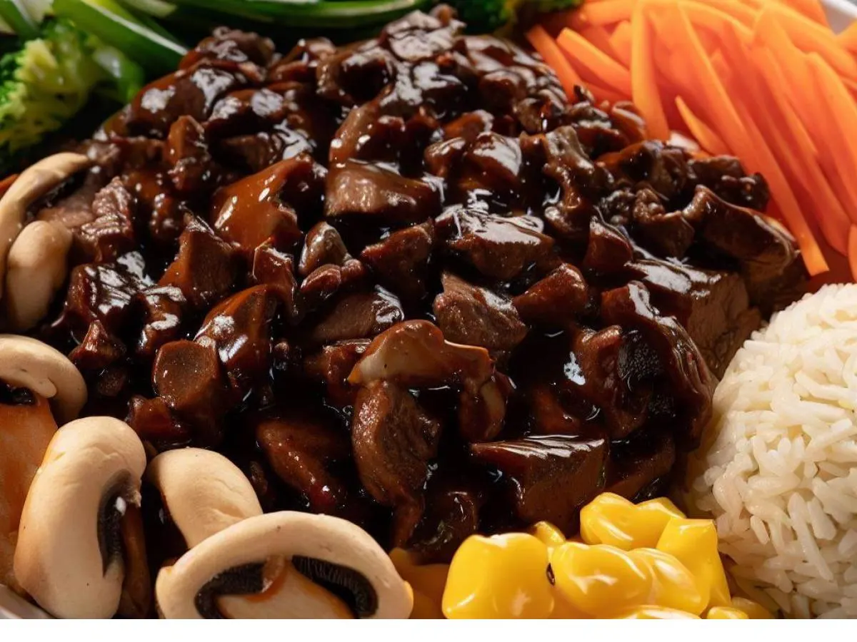 Mongolian Beef Orange Chicken Rice Mushroom Greens
