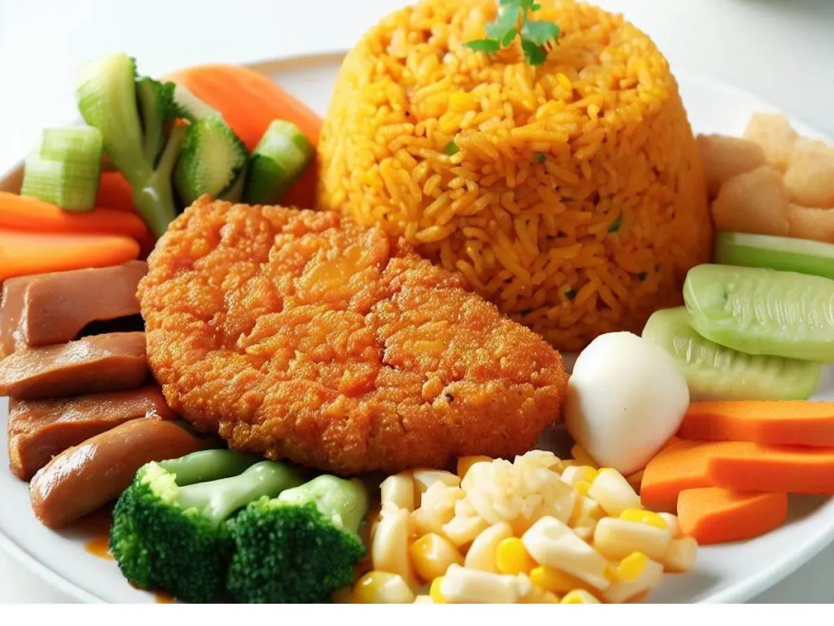 Orange Mock Chicken, Assorted Vegetables, Egg Fried Rice