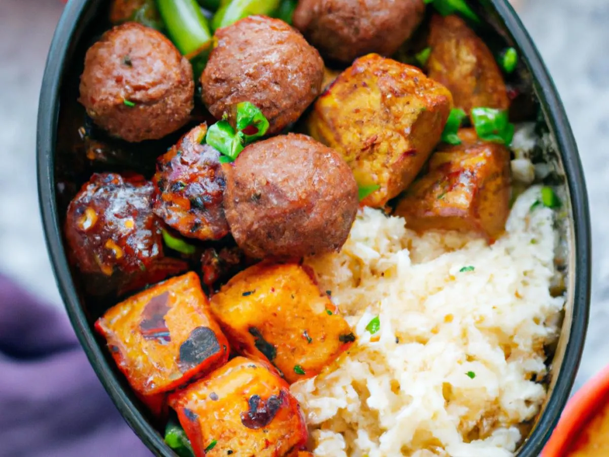 Vegan Grilled Meatball Stew & Tofu Stir Fry, Rice, Grilled Vegetable Vegan Grilled Meatball Stew & Tofu Stir Fry, Rice, Grilled Vegetable