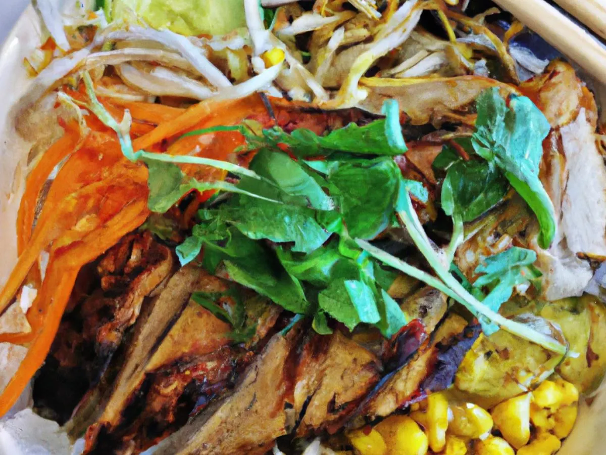 Grilled Lemongrass Chicken & Soy Ginger Pork, Cold Vermicelli, Roasted Vegetable