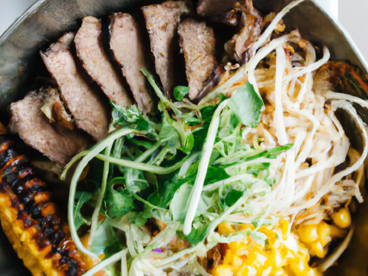 Grilled Lemongrass Chicken & Soy Ginger Beef, Cold Vermicelli, Roasted Vegetable