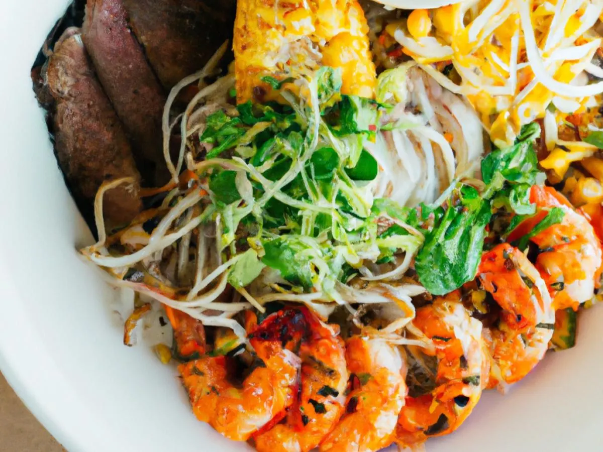 Garlic Shrimp & Grilled Beef, Nuoc Mum, Cold Vermicelli, Roasted Vegetable