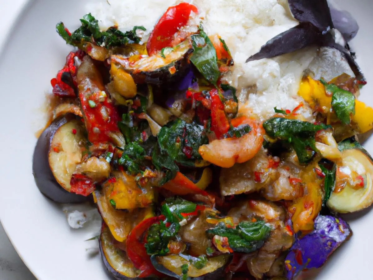 Soy Ginger Eggplant Stir Fry, Roasted Vegetables & Jasmine Rice (VEGAN)