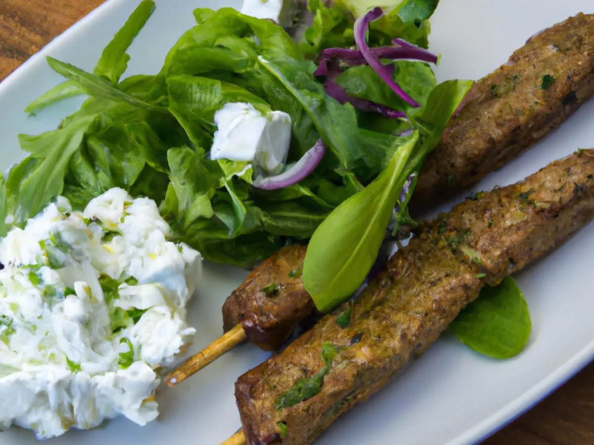 Light Carb Pork Souvlaki Sticks With Garden Salad and Spicy Feta Spread (No Pita) Light Carb Pork Souvlaki Sticks With Garden Salad and Spicy Feta Spread (No Pita)