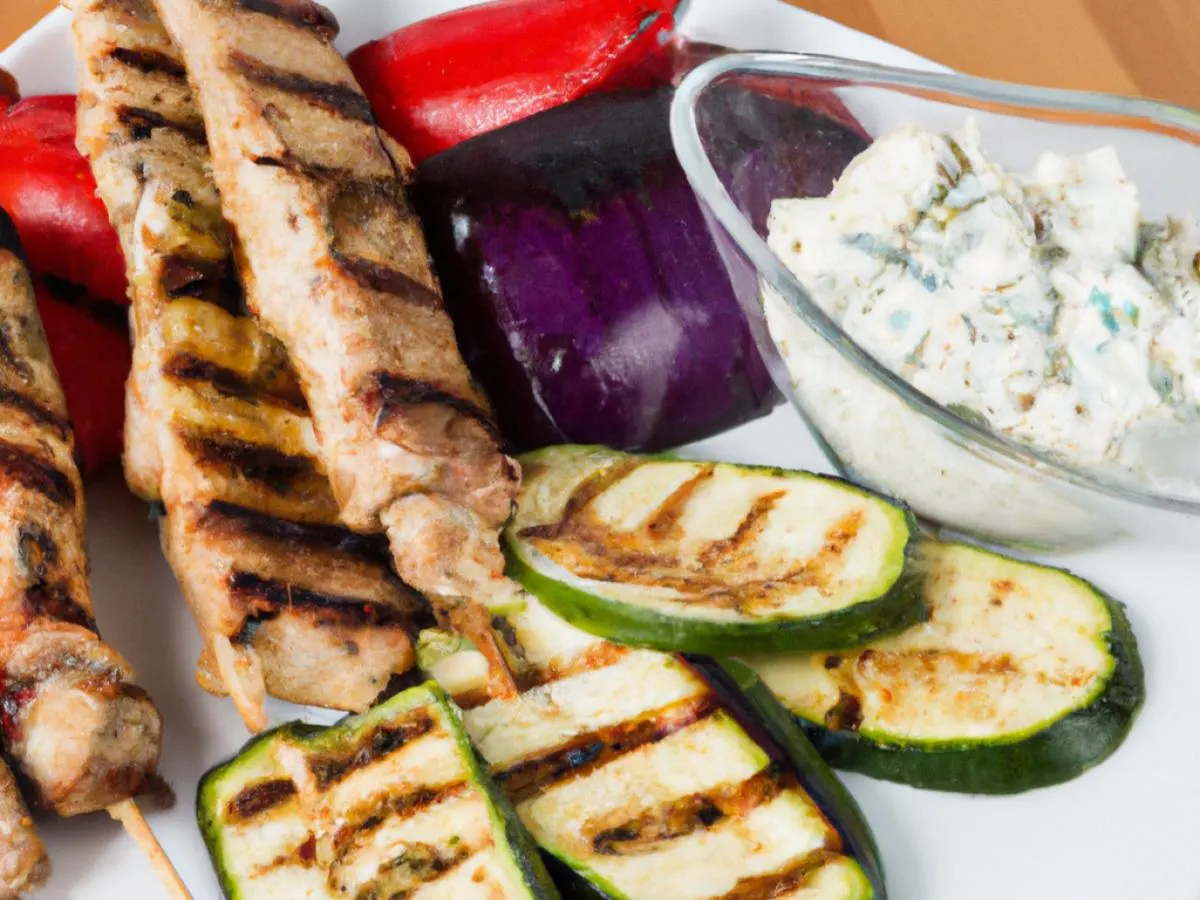 Light Carb Pork Souvlaki Sticks With Grilled Vegetables and Spicy Feta Spread (No Pita) Light Carb Pork Souvlaki Sticks With Grilled Vegetables and Spicy Feta Spread (No Pita)