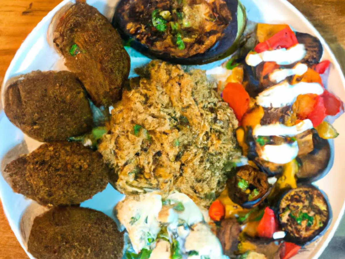 Vegetarian Stuffed Eggplant & Vegan Meatball, Rice, Veggie, Falafel, Hummus Vegetarian Stuffed Eggplant & Vegan Meatball, Rice, Veggie, Falafel, Hummus